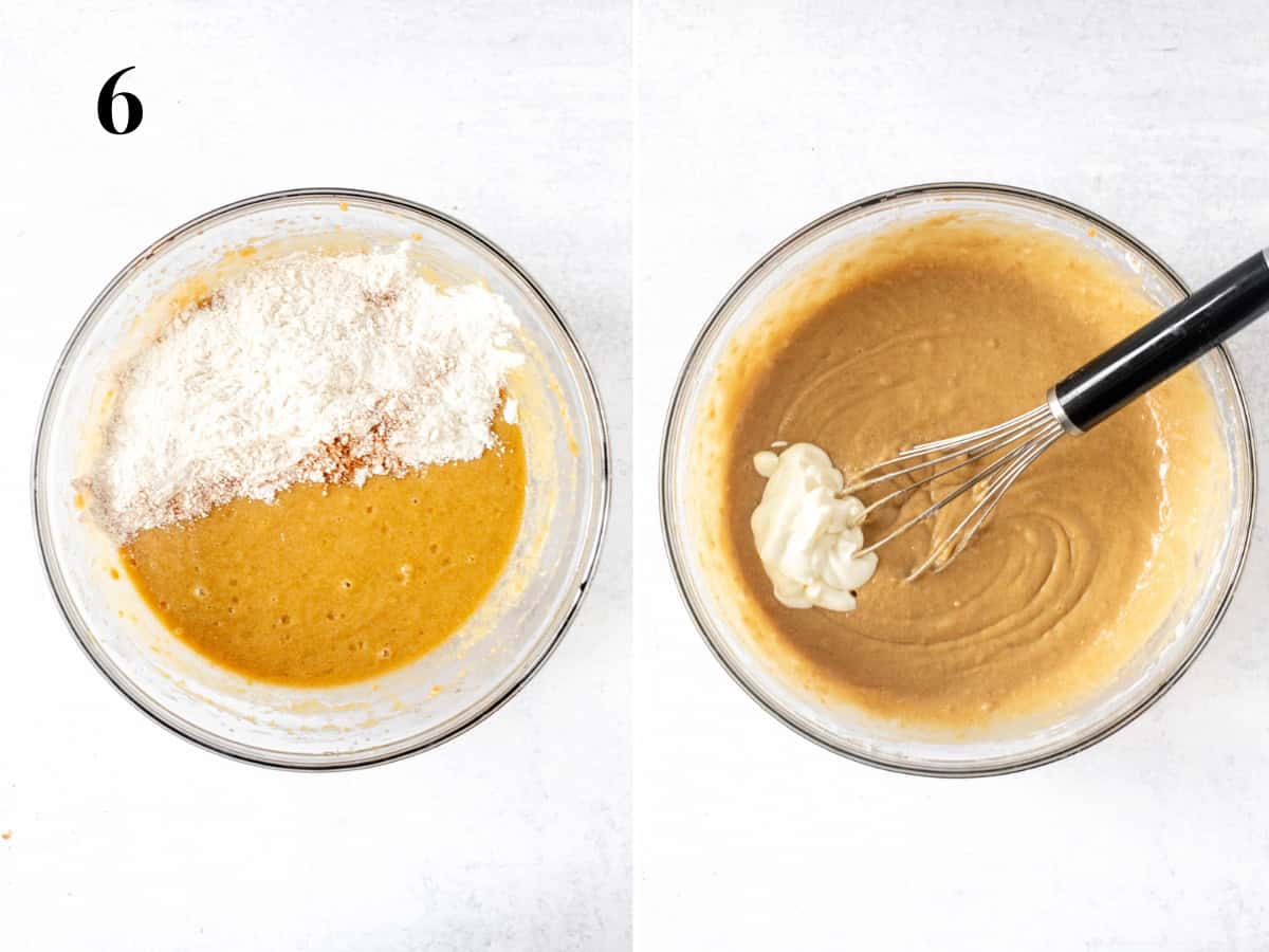 Adding dry ingredients and wet ingredients to cake batter