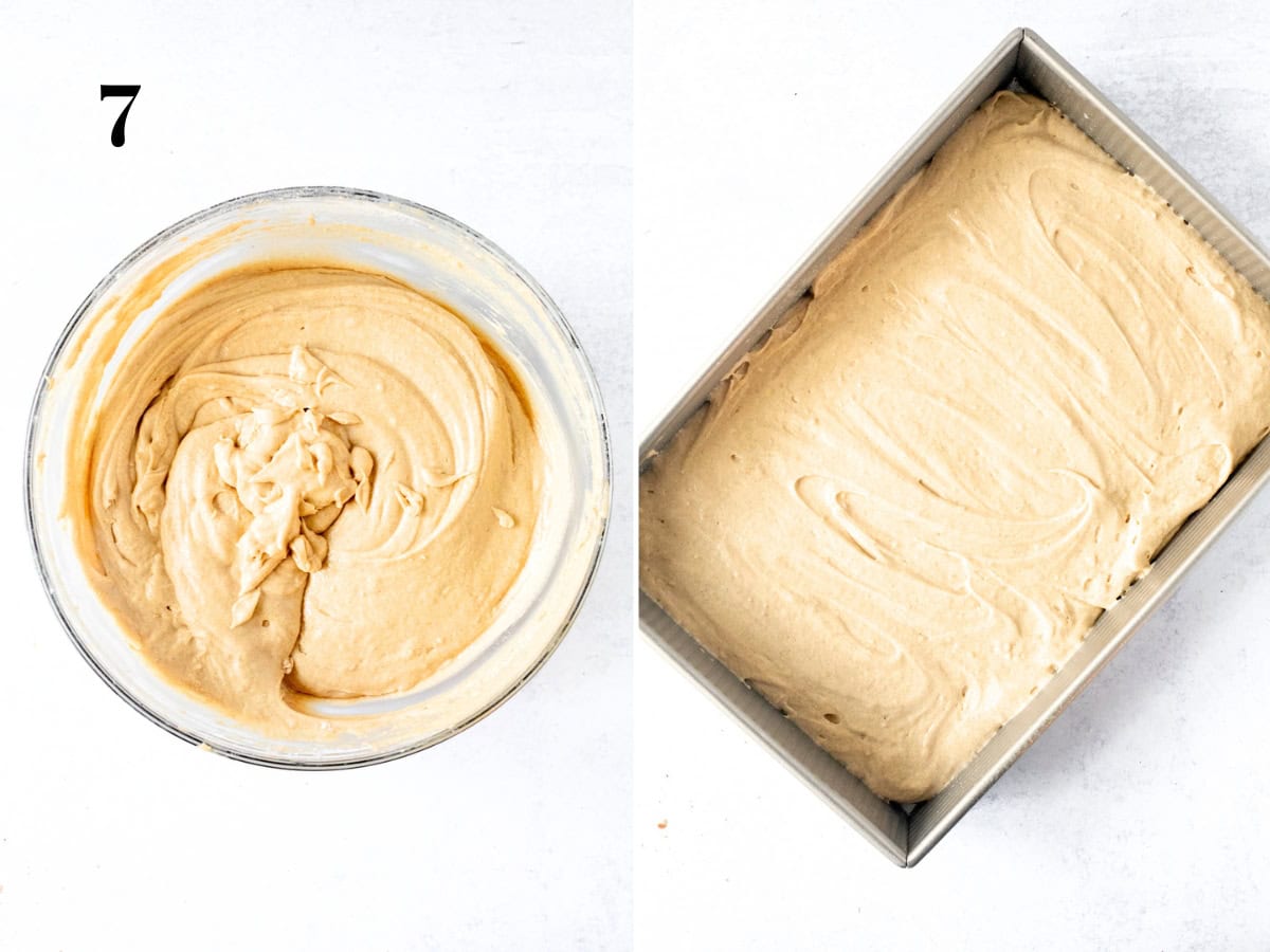 Bowl of maple cake batter and pan of unbaked maple cake