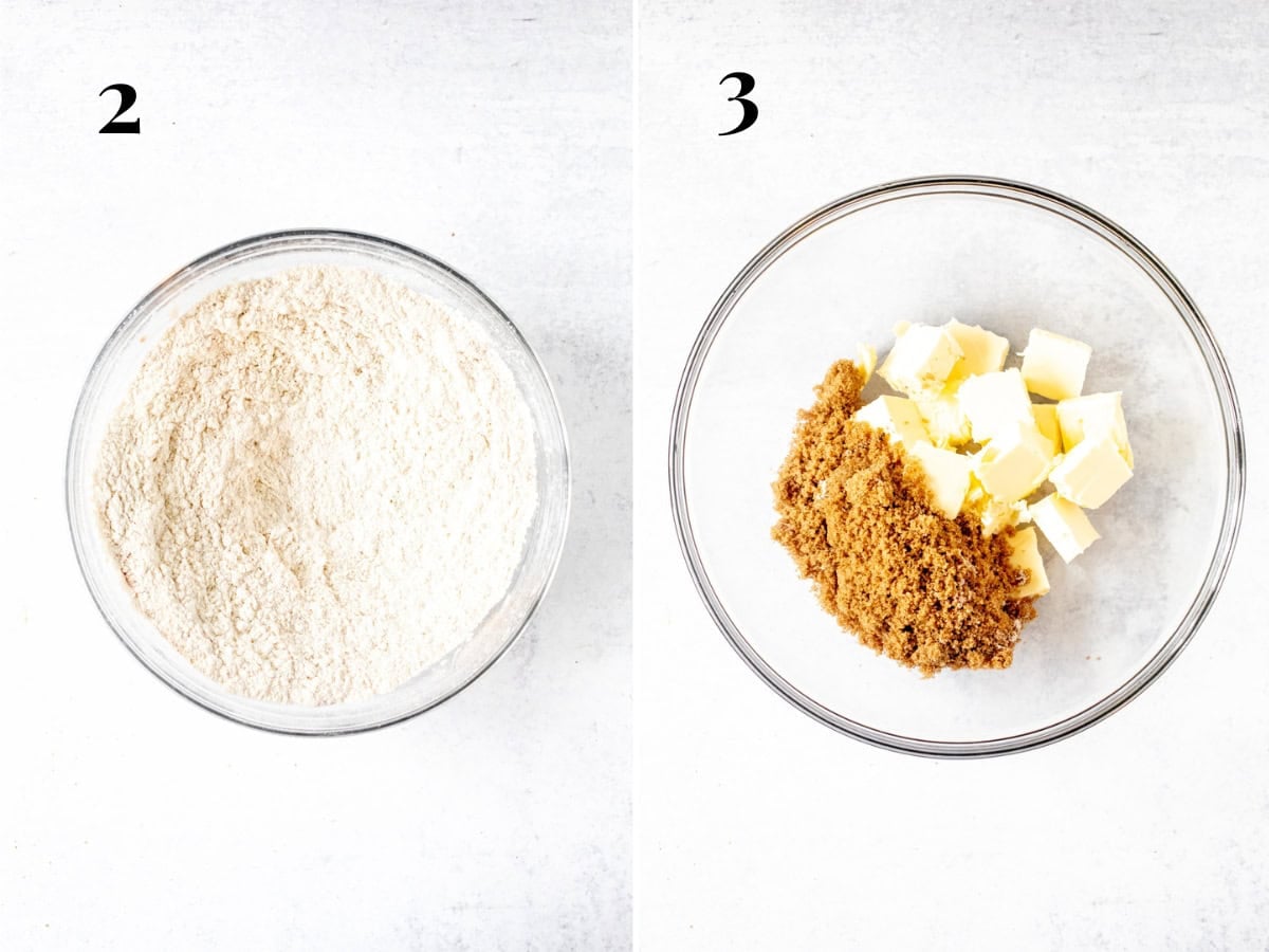 Bowl of whisked dry ingredients and bowl of butter and sugar