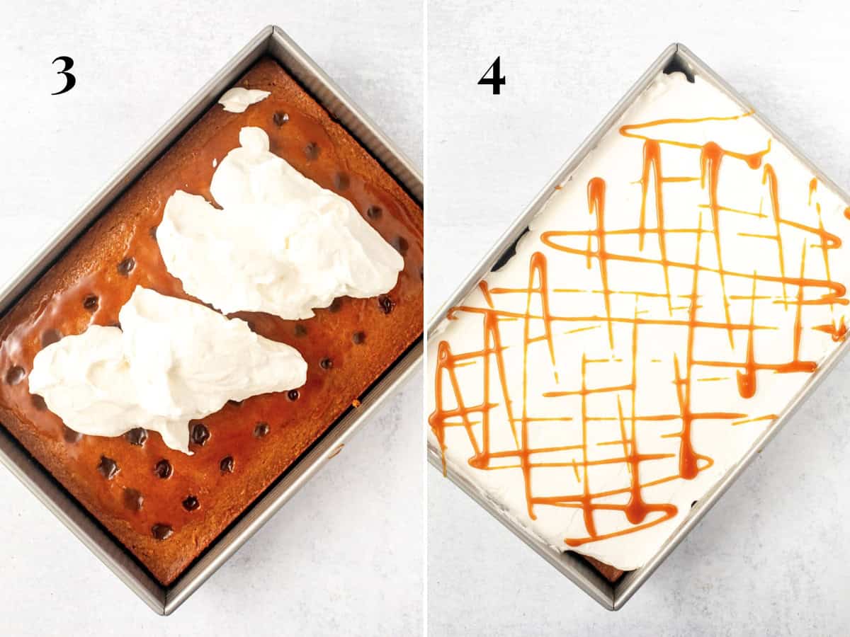 Assembling a pumpkin poke cake