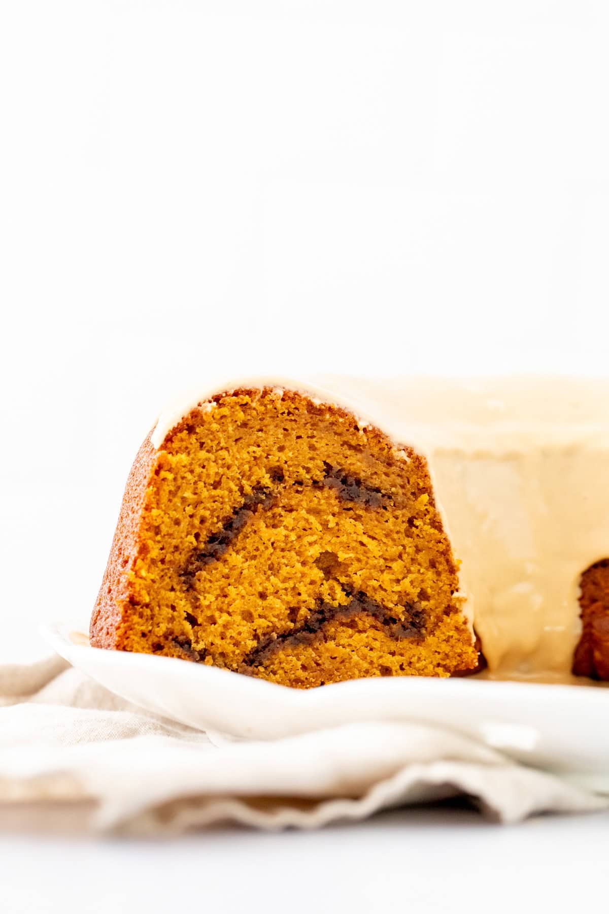 Pumpkin bundt cake with espresso swirl through the middle